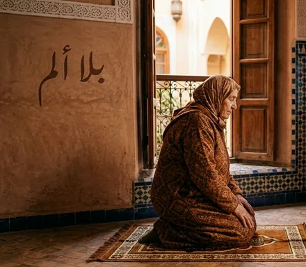 صورة تعبيرية: مرا كبيرة فالسن جالسة فالصلاة، وعلى الحيط مكتوب «بلا ألم»