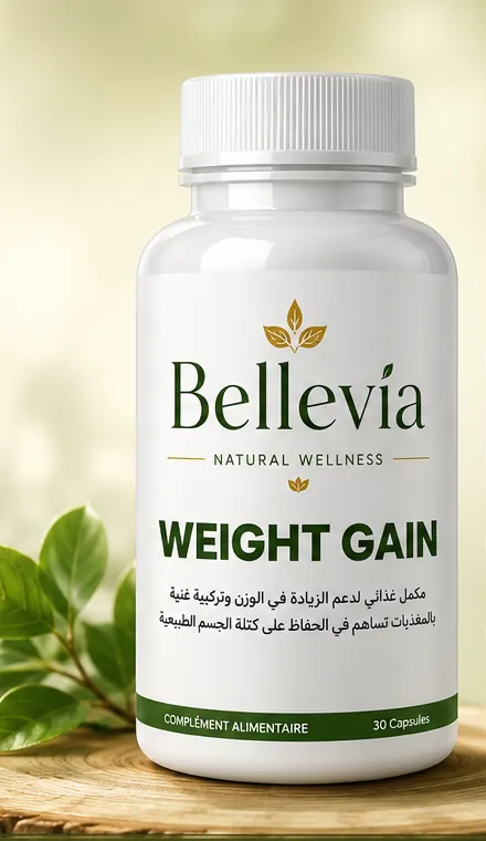 علبة Bellevia Weight Gain على جذع خشبي وسط أوراق خضراء
